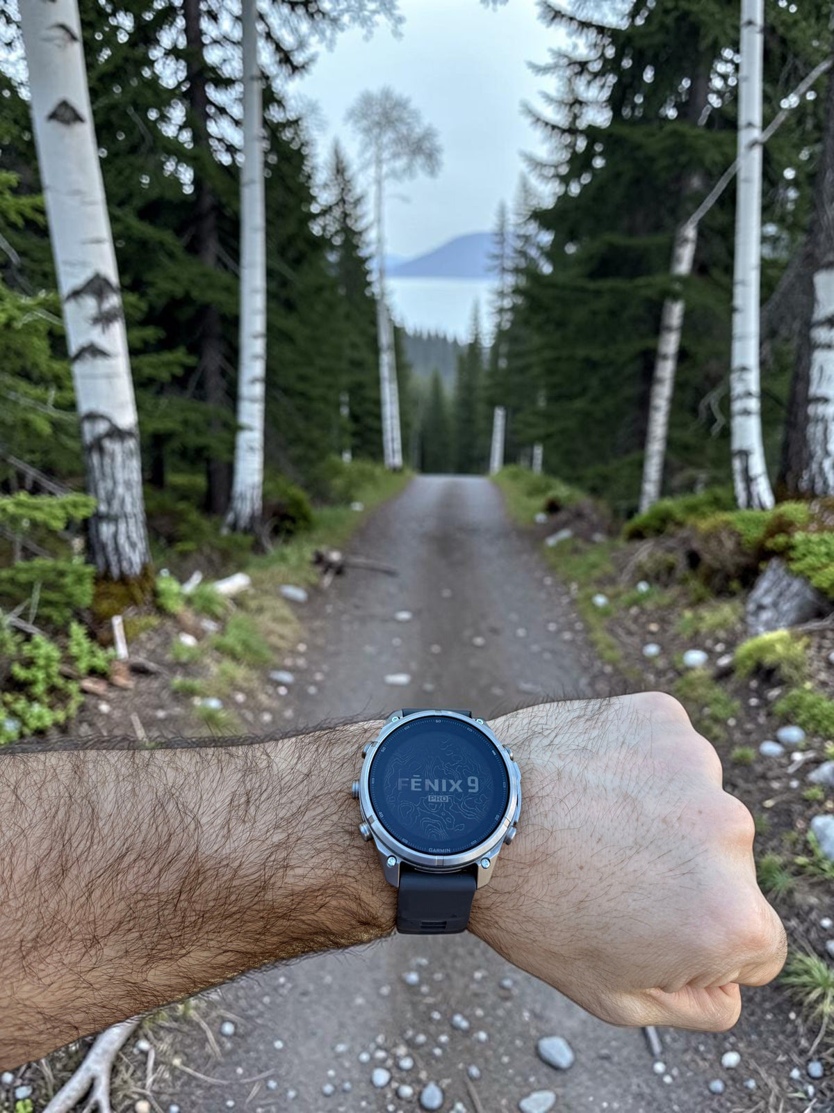 Garmin fēnix 9 Pro on a hiker's wrist on a forest trail in the mountains