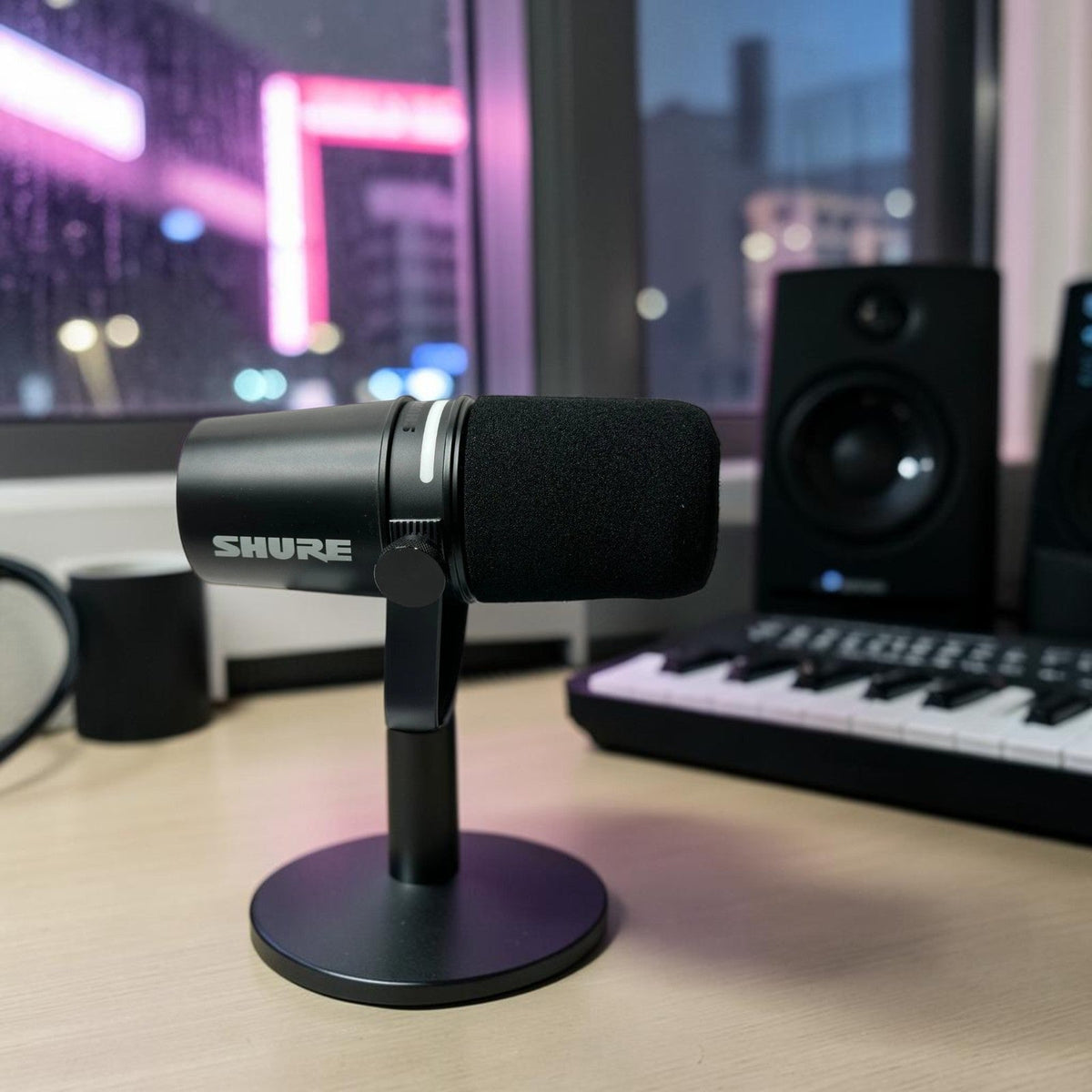 Shure MV7+ podcast microphone on a creator desk at night with soft pink and blue city lights in the background.