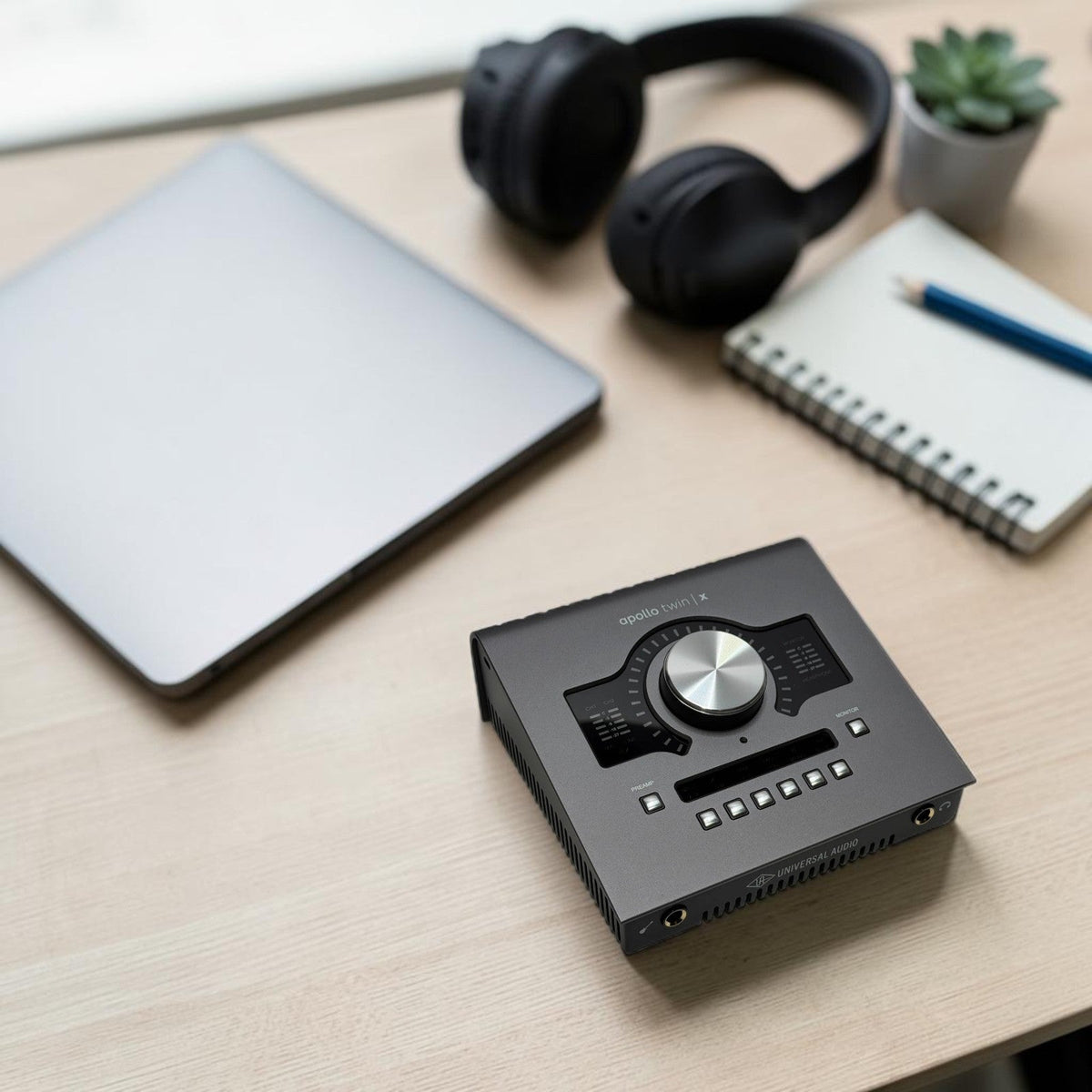 Universal Audio Apollo Twin X audio interface on a home studio desk with headphones and a notebook