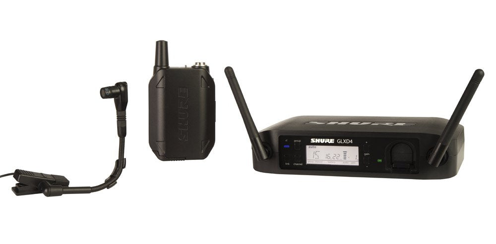 Shure GLXD14+/B98 Dual Band Digital Wireless Microphone System for Brass, Woodwinds, Percussion - 12-Hour Battery Life, 100 ft Range | Clip-on Instrument Mic, Single Channel Receiver (GLXD14+/B98-Z3)