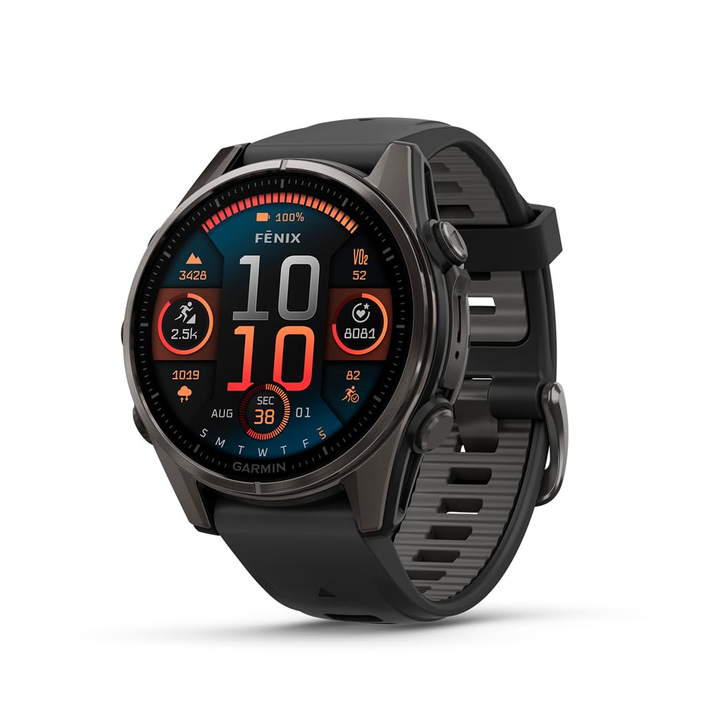 Garmin fēnix® 8 Solar, Sapphire, 51mm, DLC Titanium, Black/Pebble Gray | Larger-Sized Premium Multisport Smartwatch, Solar Charging, GPS, Built-In Flashlight, Dive-Rated, Built-In Speakers & Mic