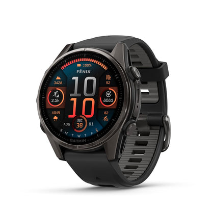 Garmin fēnix® 8 Solar, Sapphire, 51mm, DLC Titanium, Black/Pebble Gray | Larger-Sized Premium Multisport Smartwatch, Solar Charging, GPS, Built-In Flashlight, Dive-Rated, Built-In Speakers & Mic