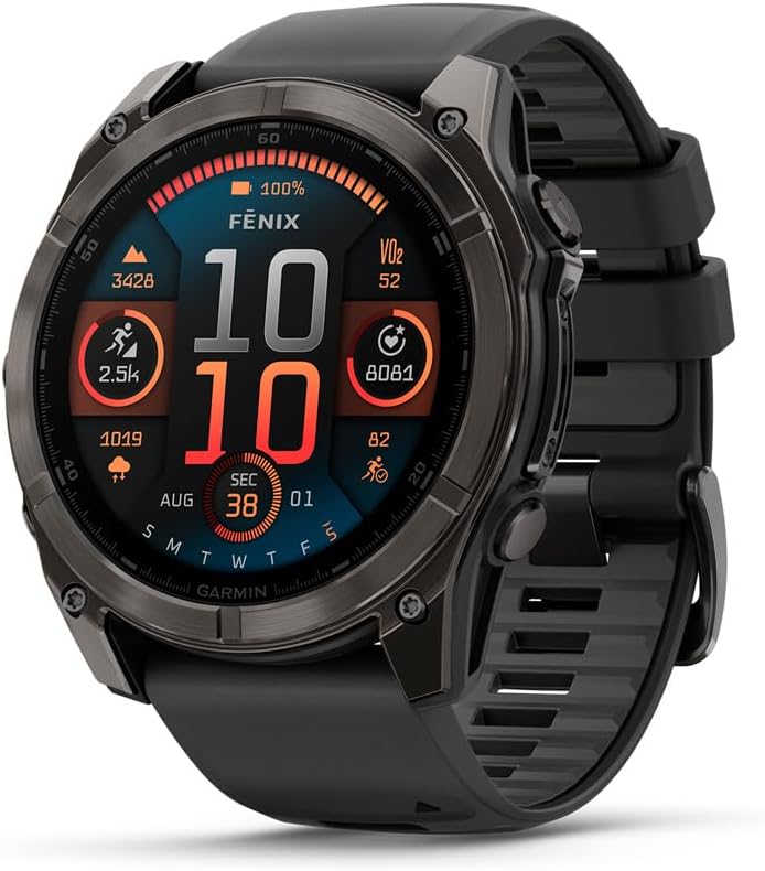Garmin fēnix® 8, Sapphire, 51mm, DLC Titanium, Black/Pebble Gray | Larger-Sized Premium Multisport Smartwatch, AMOLED Display, GPS, Built-In Flashlight, Dive-Rated, Built-In Speakers & Mic