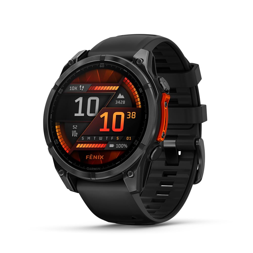 Garmin fēnix® 8 Solar, Sapphire, 51mm, DLC Titanium, Black/Pebble Gray | Larger-Sized Premium Multisport Smartwatch, Solar Charging, GPS, Built-In Flashlight, Dive-Rated, Built-In Speakers & Mic