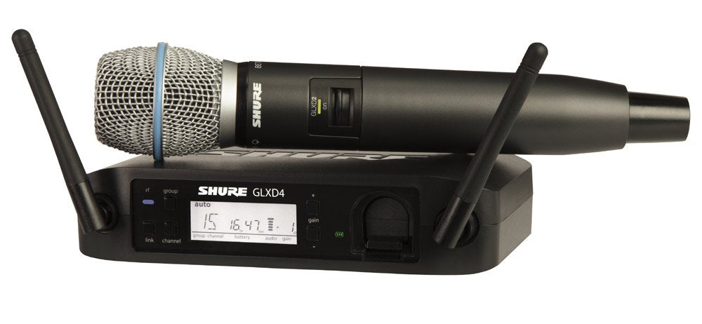 Shure GLXD24+/B87A Dual Band Pro Digital Wireless Microphone System – 12-Hour Battery, 100ft Range with BETA 87A Handheld Vocal Mic & Single Channel Receiver