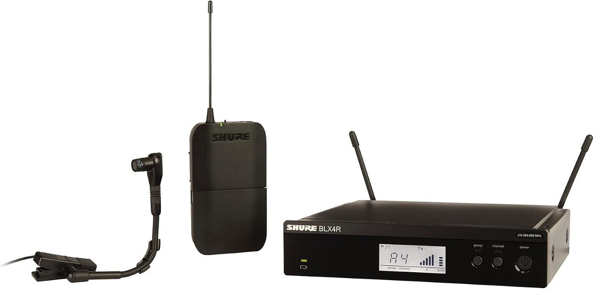 Shure BLX14R/B98 Rack-Mount Instrument Audio System H11 Band (572–596 MHz) – BLX4R Receiver, BLX1 Bodypack & BETA 98H/C Clip-On Mic for Brass, Woodwinds & Percussion, Up to 14 Hr Battery, 300 ft Range
