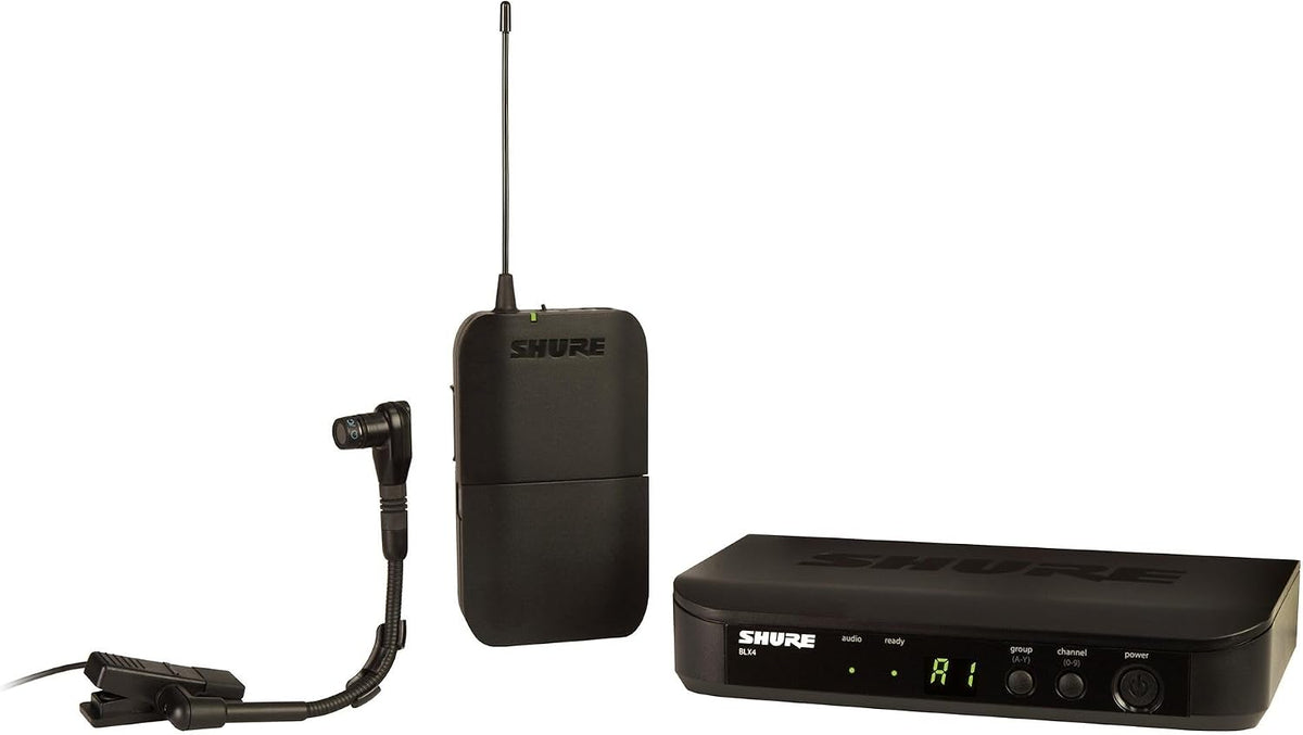 Shure BLX14/B98 Instrument Audio System H9 Band (512–542 MHz) – BLX4 Receiver, BLX1 Bodypack & BETA 98H/C Clip-On Mic for Brass, Woodwinds & Percussion, Up to 14 Hr Battery, 300 ft Range