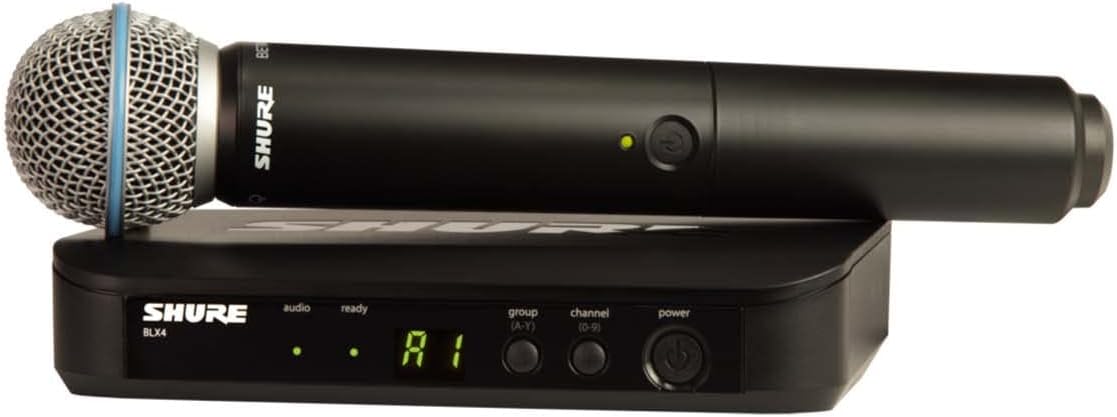 Shure BLX24/B58 Handheld Audio System J11 Band (596–620 MHz) – BLX4 Receiver, BLX2/B58 Handheld Transmitter with Beta 58A Supercardioid Capsule, Up to 14 Hr Battery, 300 ft Range