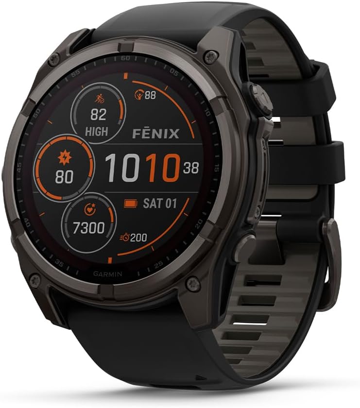 Garmin fēnix® 8 Solar, Sapphire, 51mm, DLC Titanium, Black/Pebble Gray | Larger-Sized Premium Multisport Smartwatch, Solar Charging, GPS, Built-In Flashlight, Dive-Rated, Built-In Speakers & Mic