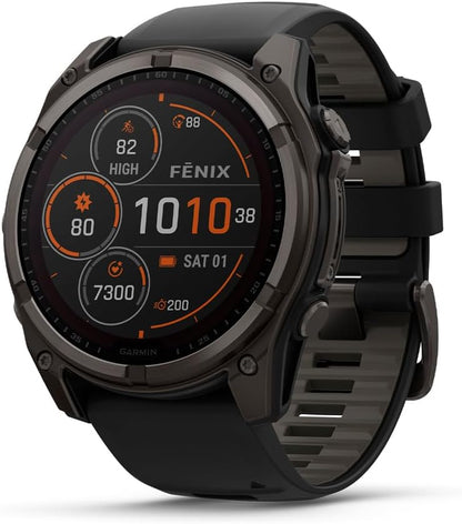 Garmin fēnix® 8 Solar, Sapphire, 51mm, DLC Titanium, Black/Pebble Gray | Larger-Sized Premium Multisport Smartwatch, Solar Charging, GPS, Built-In Flashlight, Dive-Rated, Built-In Speakers & Mic