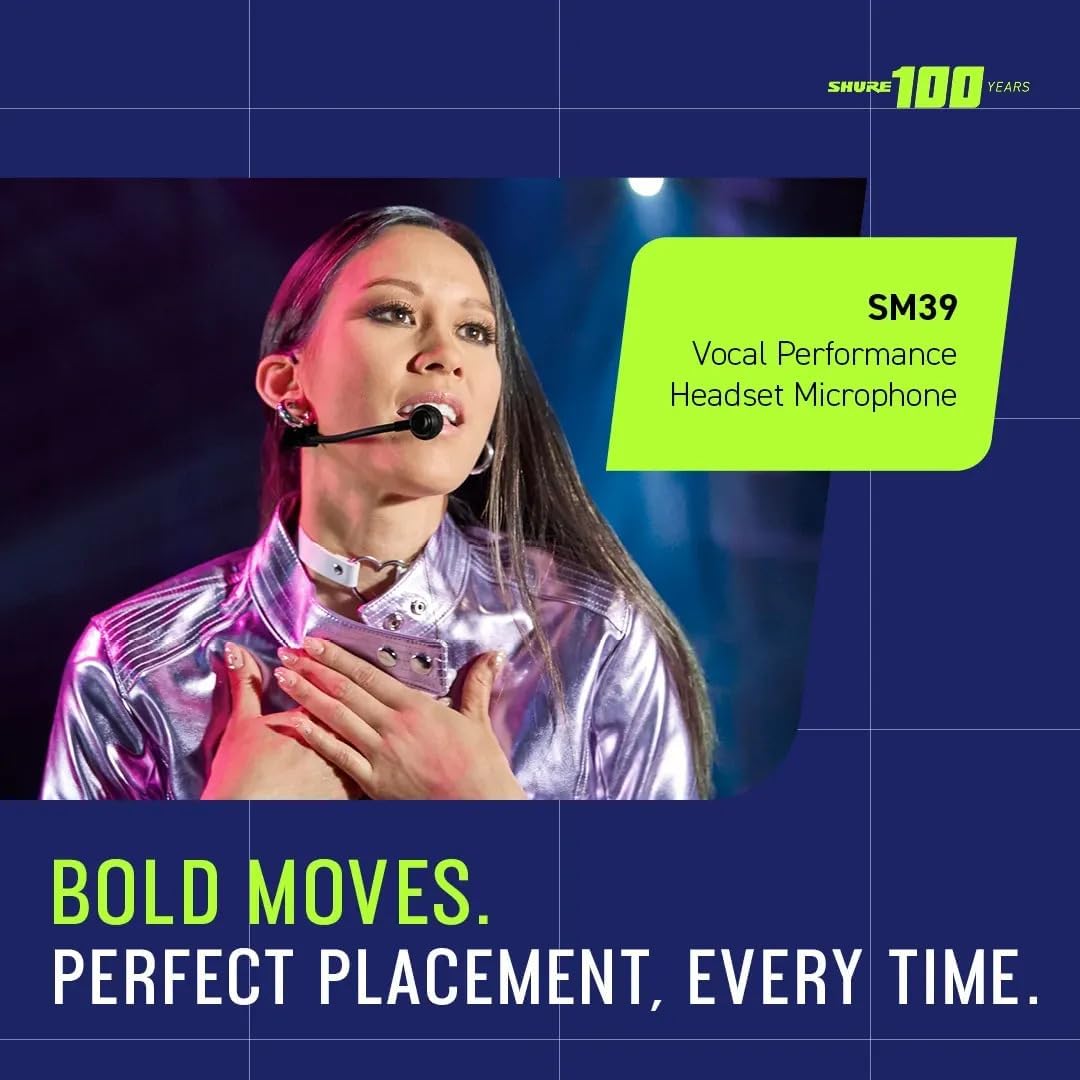 Shure SM39 Headset Microphone - Vocal Performance Cardioid Headworn Mic compatible with Axient Digital, Secure Low Profile Fit, Ergonomic Design, Indoor/Outdoor Windscreens, Sweat Resistant (SM39-TQG)