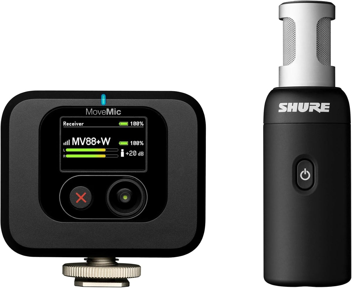 Shure MoveMic 88+ Wireless Video Microphone Kit for iPhone, Android & Cameras - Stereo Condenser Mic with 4 Polar Patterns, DSP Audio Controls & MoveMic Receiver, Black