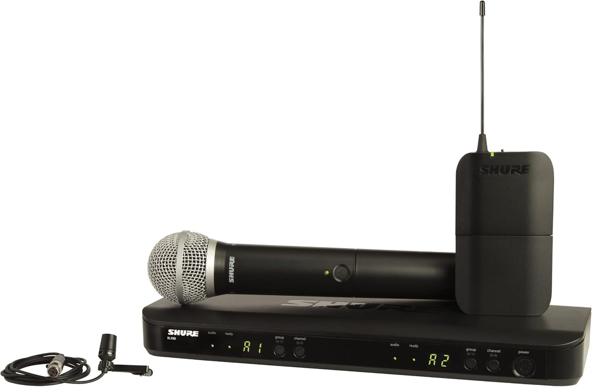 Shure BLX1288/CVL Dual-Channel Wireless Audio System, H9 Band (512–542 MHz) – BLX88 Receiver, PG58 Handheld Mic & CVL Lavalier Bodypack – Up to 14 Hr Battery, 300 ft Range