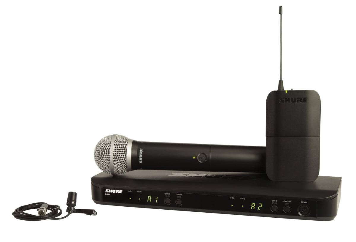 Shure BLX1288/CVL Dual-Channel Wireless Audio System, H10 Band (542–572 MHz) – BLX88 Receiver, PG58 Handheld Mic & CVL Lavalier Bodypack – Up to 14 Hr Battery, 300 ft Range