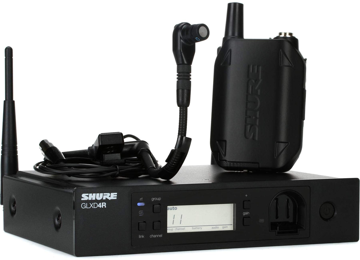 Shure GLXD14+/B98 Dual Band Digital Wireless Microphone System for Brass, Woodwinds, Percussion - 12-Hour Battery Life, 100 ft Range | Clip-on Instrument Mic, Single Channel Receiver (GLXD14+/B98-Z3)