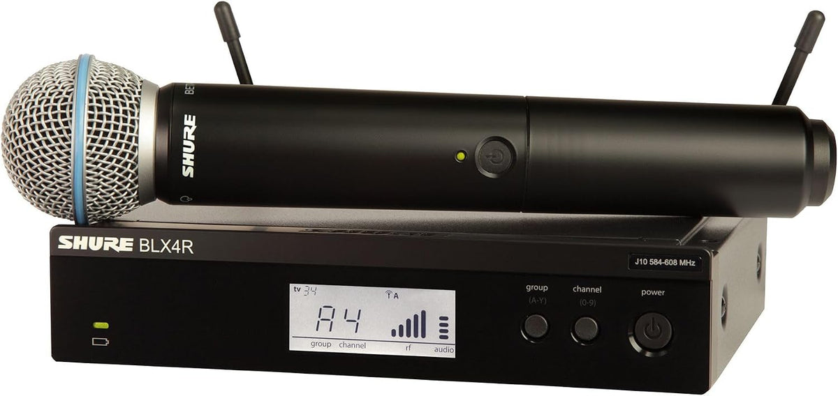 Shure BLX24R/B58 Rack-Mount Wireless Audio System H11 Band (572–596 MHz) – BLX4R Receiver, BLX2 Transmitter with Beta 58A Mic, Up to 14 Hr Battery, 300 ft Range