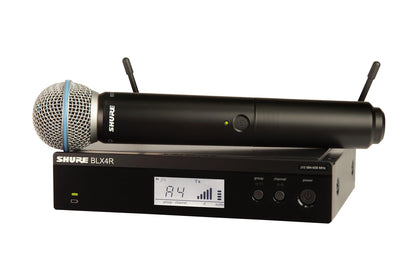 Shure BLX24/B58 Handheld Audio System J11 Band (596–620 MHz) – BLX4 Receiver, BLX2/B58 Handheld Transmitter with Beta 58A Supercardioid Capsule, Up to 14 Hr Battery, 300 ft Range