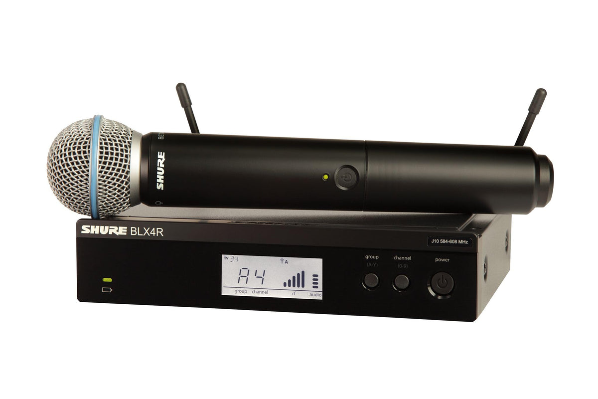Shure BLX24R/B58 Rack-Mount Wireless Audio System H10 Band (542–572 MHz) – BLX4R Receiver, BLX2 Transmitter with Beta 58A Mic, Up to 14 Hr Battery, 300 ft Range