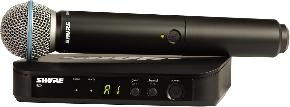 Shure BLX24/B58 Handheld Audio System H9 Band (512–542 MHz) – BLX4 Receiver, BLX2/B58 Handheld Transmitter with Beta 58A Supercardioid Capsule, Up to 14 Hr Battery, 300 ft Range