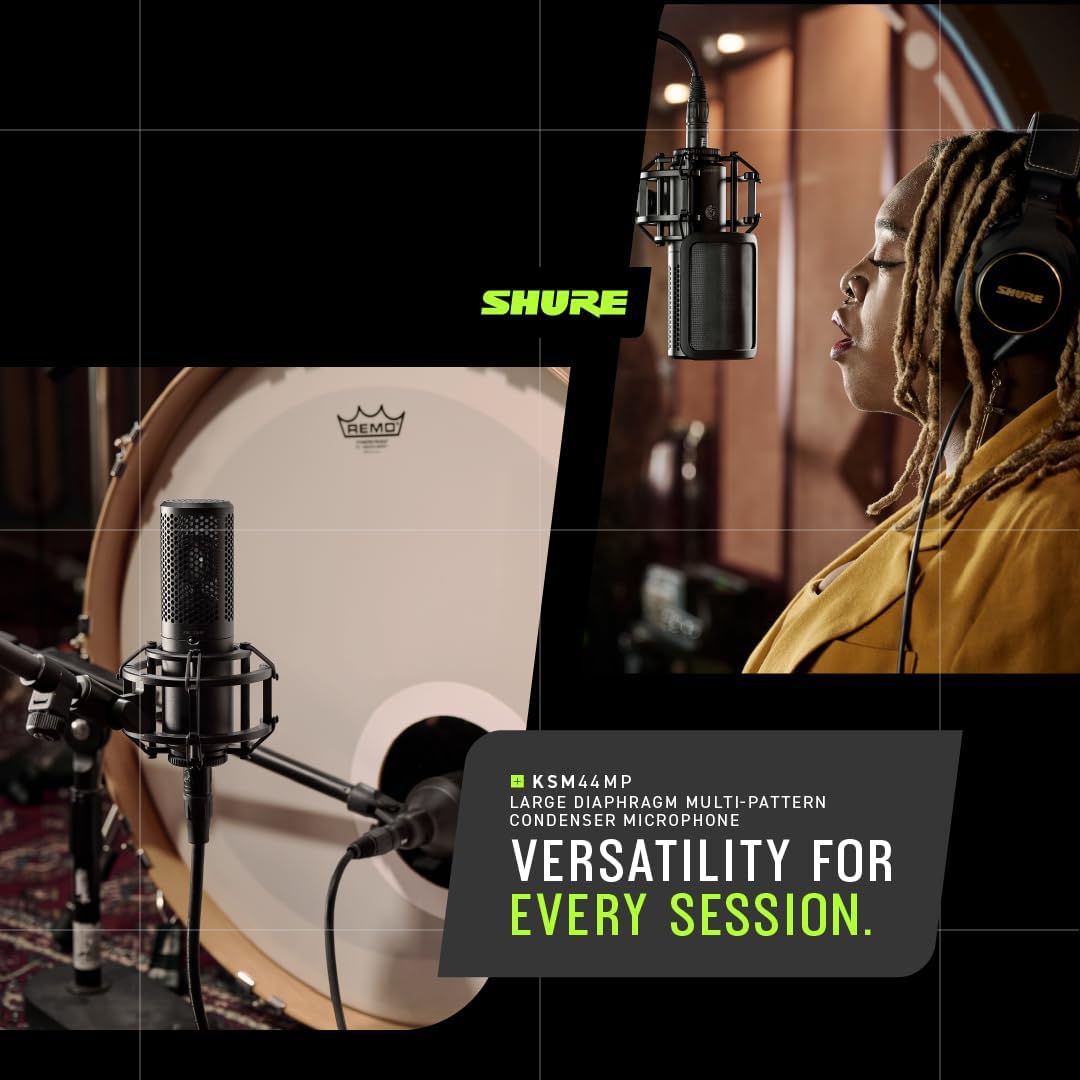 Shure KSM44MP Large Diaphragm Multi-Pattern Microphone - 1” Capsule, Selectable Patterns, Flat Response, Low Self-Noise, Includes Shock Mount & Pop Filter
