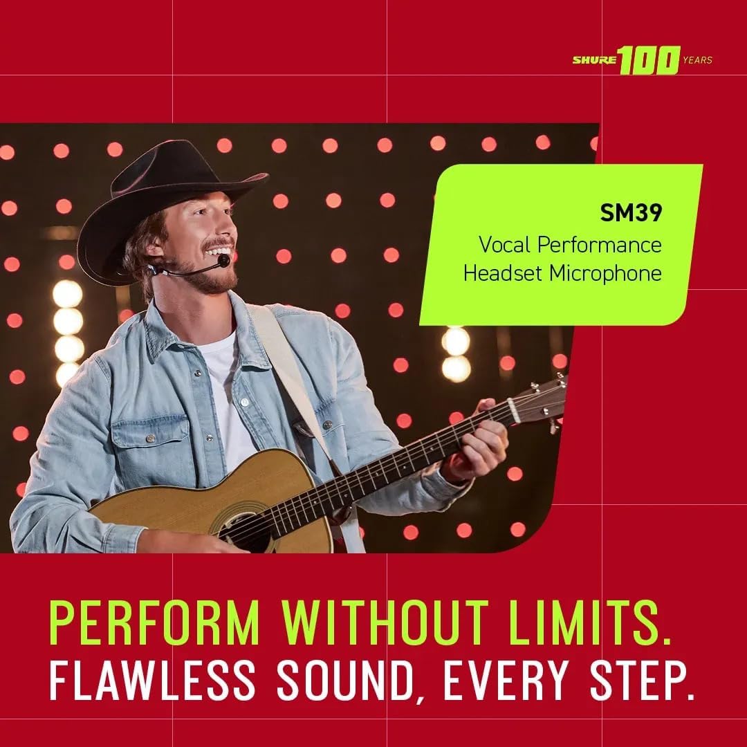 Shure SM39 Headset Microphone - Vocal Performance Cardioid Headworn Mic compatible with Axient Digital, Secure Low Profile Fit, Ergonomic Design, Indoor/Outdoor Windscreens, Sweat Resistant (SM39-TQG)