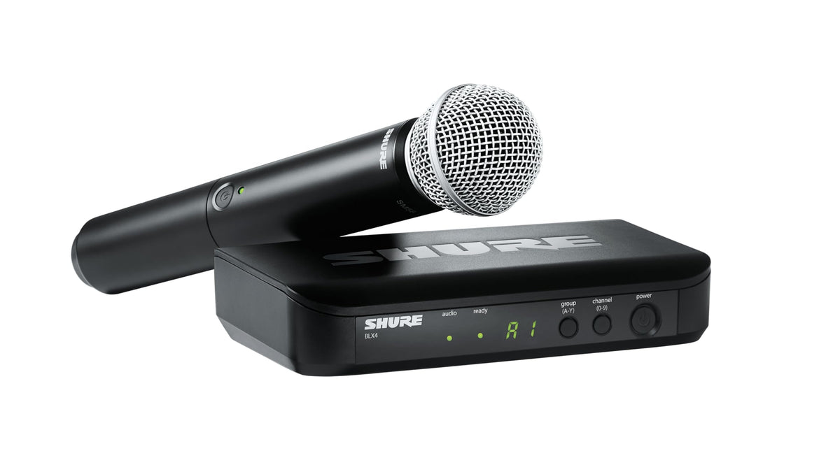 Shure BLX24/SM58 Handheld Wireless Audio System H11 Band (572–596 MHz) – BLX4 Receiver, BLX2 Transmitter with SM58 Dynamic Mic, Up to 14 Hr Battery, 300 ft Range