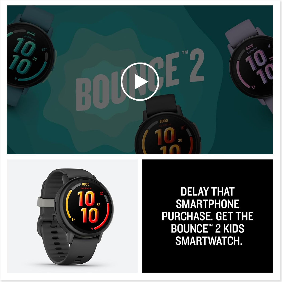 Garmin Bounce™ 2, Kids Smartwatch, Calling & Texting, 43mm, Slate Gray | Two-Way Calling, Voice Messaging, Text Messaging, Real-Time Location Tracking, Active Subsciption Required for LTE Features
