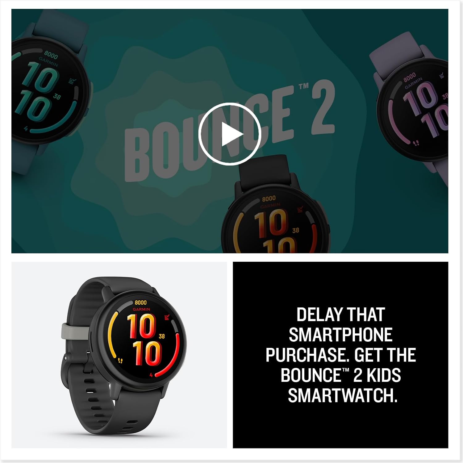 Garmin Bounce™ 2, Kids Smartwatch, Calling & Texting, 43mm, Slate Gray | Two-Way Calling, Voice Messaging, Text Messaging, Real-Time Location Tracking, Active Subsciption Required for LTE Features