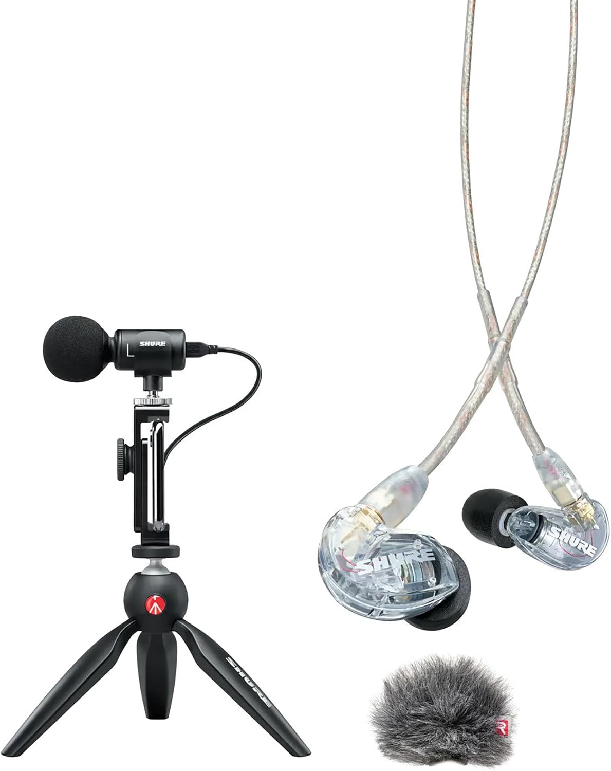 Shure Portable Videography Kit - Professional Recording Rig with MV88+ iPhone Mic, Manfrotto PIXI Tripod, Phone Clamp, Mount, AMV88-Fur Windjammer and SE215 PRO Sound Isolating Earbuds (MV88+SE215-CL)