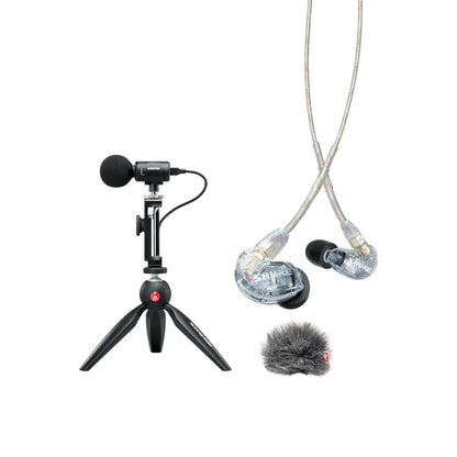 Shure Portable Videography Kit - Professional Recording Rig with MV88+ iPhone Mic, Manfrotto PIXI Tripod, Phone Clamp, Mount, AMV88-Fur Windjammer and SE215 PRO Sound Isolating Earbuds (MV88+SE215-CL)