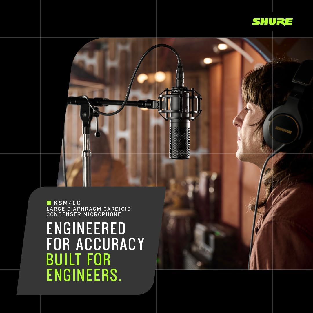 Shure KSM40C Large Diaphragm Cardioid Microphone - 1” Capsule, Rich Low-End, Low Self-Noise, Uniform Cardioid Pattern, Included Shock Mount & Pop Filter