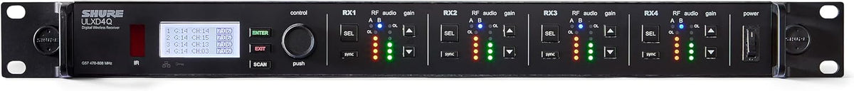 Shure ULXD4Q Quad Channel Digital Wireless Receiver – for ULX-D Wireless Systems, Dante Enabled, Transmitters Sold Separately | G57 Band (ULXD4Q=-G57)
