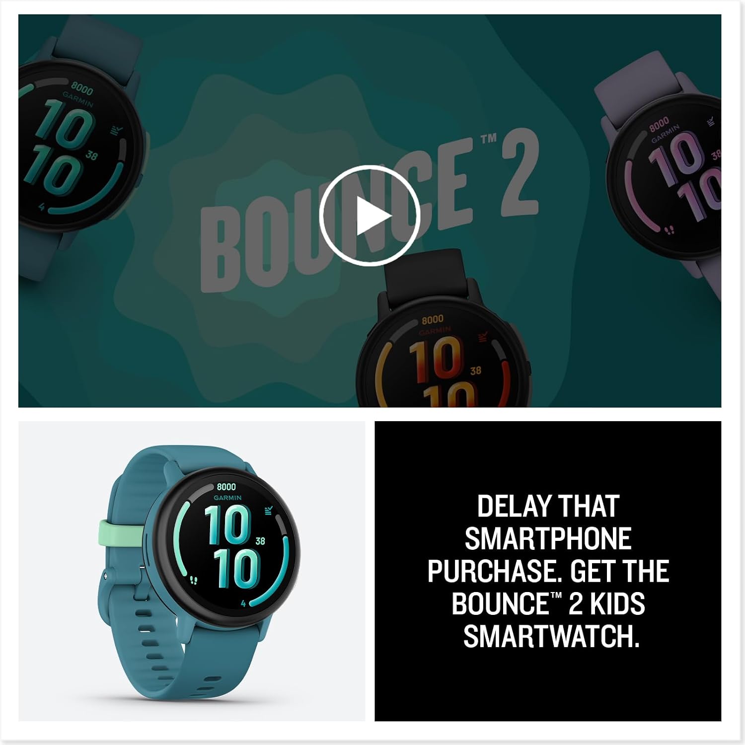 Garmin Bounce™ 2, Kids Smartwatch, Calling & Texting, 43mm, Turquoise | Two-Way Calling, Voice Messaging, Text Messaging, Real-Time Location Tracking, Active Subsciption Required for LTE Features