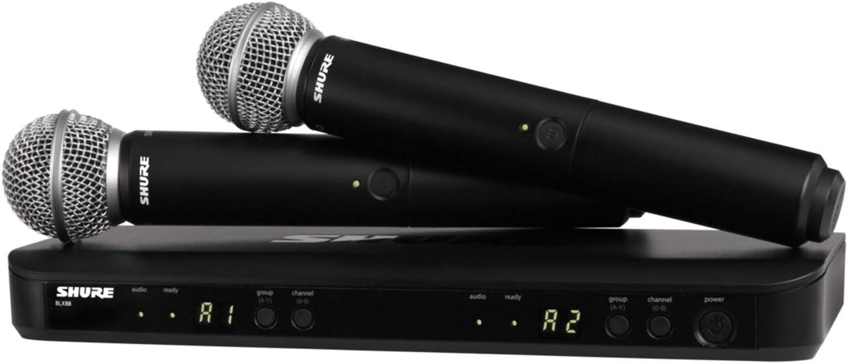Shure BLX288/SM58 Dual-Channel Wireless Audio System H9 Band (512–542 MHz) – BLX88 Receiver, (2) BLX2 Transmitters with SM58 Dynamic Mic, Up to 14 Hr Battery, 300 ft Range