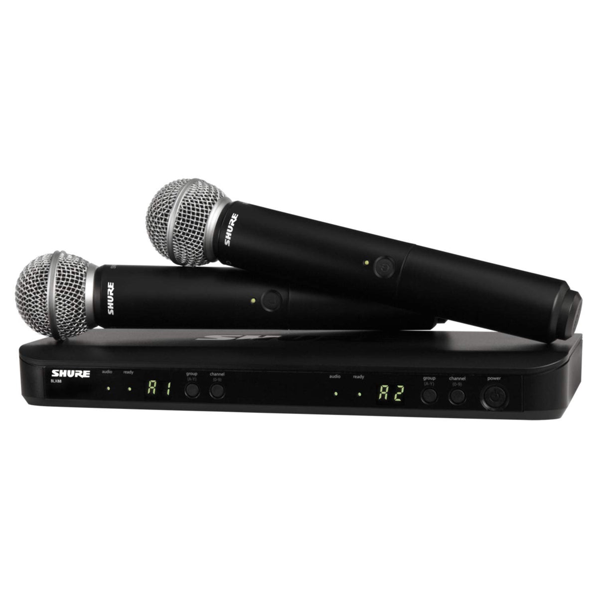 Shure BLX288/SM58 Dual-Channel Wireless Audio System H9 Band (512–542 MHz) – BLX88 Receiver, (2) BLX2 Transmitters with SM58 Dynamic Mic, Up to 14 Hr Battery, 300 ft Range