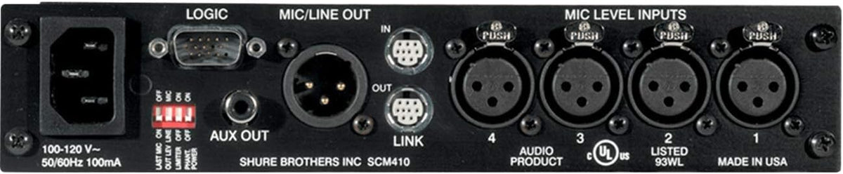 Shure SCM410 4-Channel Automatic Microphone Mixer (12V Phantom Power) with Logic Control, IntelliMix Technology and Adjustable EQ per Channel