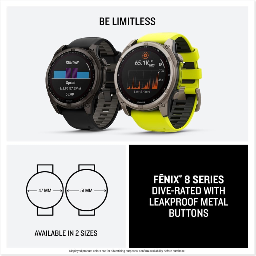 Garmin fēnix® 8 Solar, Sapphire, 51mm, Titanium, Amp Yellow/Graphite | Larger-Sized Premium Multisport Smartwatch, Solar Charging, GPS, Built-In Flashlight, Dive-Rated, Built-In Speakers & Mic