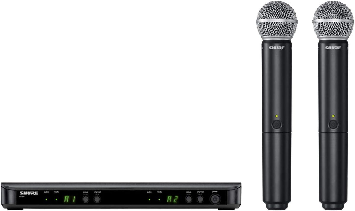 Shure BLX288/SM58 Dual-Channel Wireless Audio System H9 Band (512–542 MHz) – BLX88 Receiver, (2) BLX2 Transmitters with SM58 Dynamic Mic, Up to 14 Hr Battery, 300 ft Range