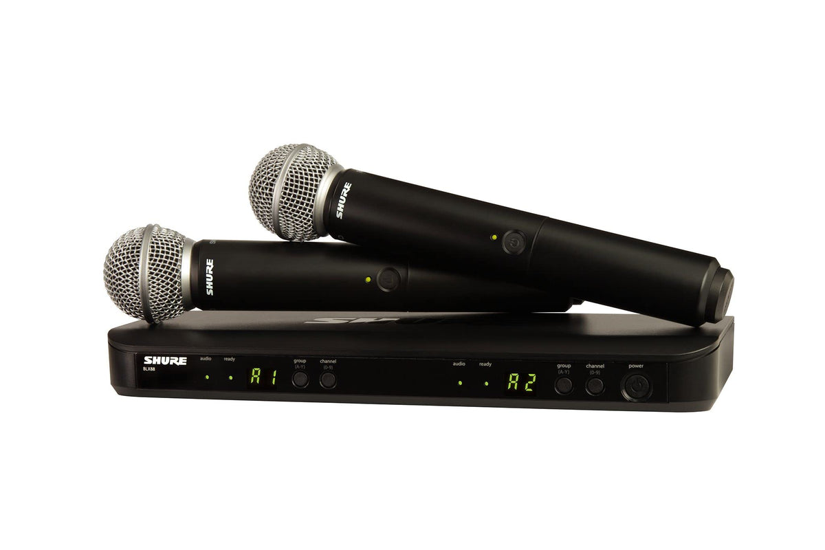 Shure BLX288/SM58 Dual-Channel Wireless Audio System H9 Band (512–542 MHz) – BLX88 Receiver, (2) BLX2 Transmitters with SM58 Dynamic Mic, Up to 14 Hr Battery, 300 ft Range