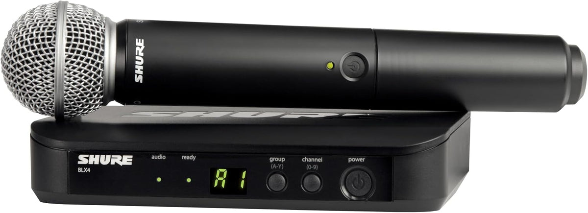 Shure BLX24/SM58 Handheld Wireless Audio System J11 Band (596–620 MHz) – BLX4 Receiver, BLX2 Transmitter with SM58 Dynamic Mic, Up to 14 Hr Battery, 300 ft Range