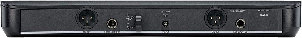 Shure BLX288/SM58 Dual-Channel Wireless Audio System J11 Band (596–620 MHz) – BLX88 Receiver, (2) BLX2 Transmitters with SM58 Dynamic Mic, Up to 14 Hr Battery, 300 ft Range