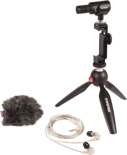 Shure Portable Videography Kit - Professional Recording Rig with MV88+ iPhone Mic, Manfrotto PIXI Tripod, Phone Clamp, Mount, AMV88-Fur Windjammer and SE215 PRO Sound Isolating Earbuds (MV88+SE215-CL)