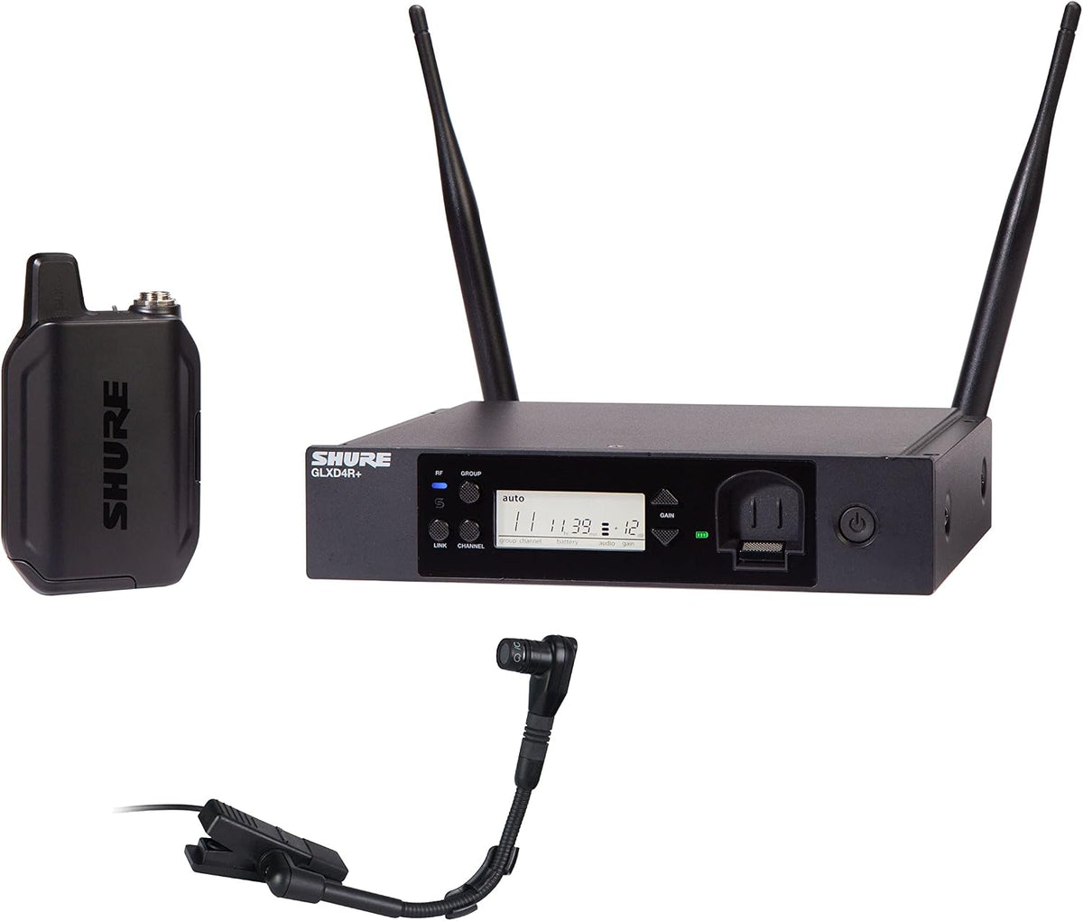 Shure GLXD14R+/B98 Dual Band Digital Wireless Microphone System for Brass, Woodwinds, Percussion - 12-Hour Battery Life, 100 ft Range, Clip-on Instrument Mic, Single Channel Rack Mount Receiver