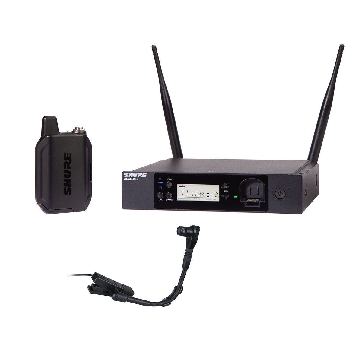 Shure GLXD14+/B98 Dual Band Digital Wireless Microphone System for Brass, Woodwinds, Percussion - 12-Hour Battery Life, 100 ft Range | Clip-on Instrument Mic, Single Channel Receiver (GLXD14+/B98-Z3)