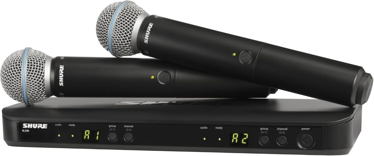 Shure BLX288/B58 Dual-Channel Wireless Audio System H11 Band (572–596 MHz) – BLX88 Receiver, (2) BLX2 Transmitters with Beta 58A Mic, Up to 14 Hr Battery, 300 ft Range