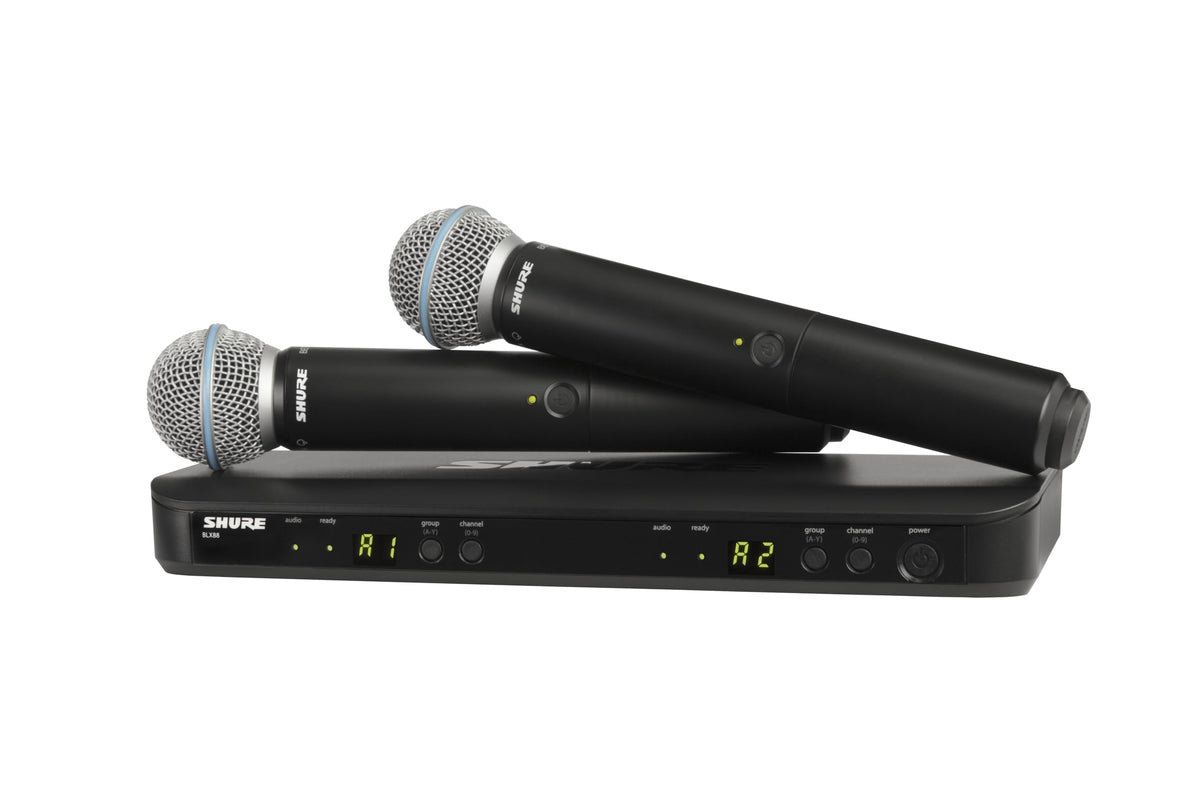 Shure BLX288/B58 Dual-Channel Wireless Audio System H11 Band (572–596 MHz) – BLX88 Receiver, (2) BLX2 Transmitters with Beta 58A Mic, Up to 14 Hr Battery, 300 ft Range