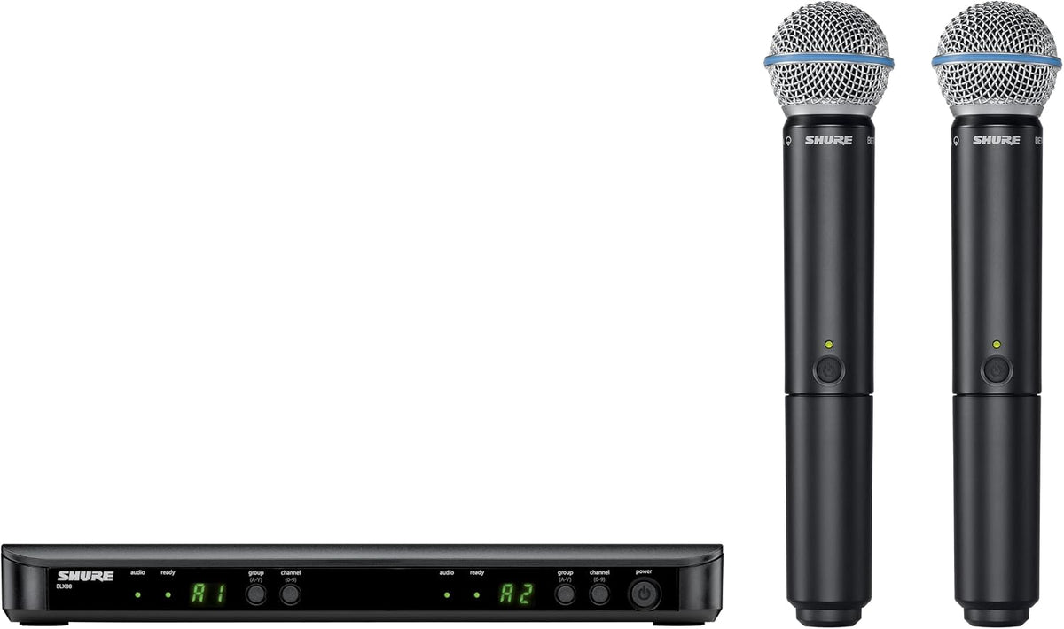 Shure BLX288/B58 Dual-Channel Wireless Audio System H11 Band (572–596 MHz) – BLX88 Receiver, (2) BLX2 Transmitters with Beta 58A Mic, Up to 14 Hr Battery, 300 ft Range