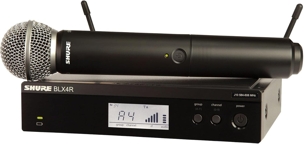 Shure BLX24R/SM58 Rack-Mount Wireless Audio System H11 Band (572–596 MHz) – BLX4R Receiver, BLX2 Transmitter with SM58 Dynamic Mic, Up to 14 Hr Battery, 300 ft Range