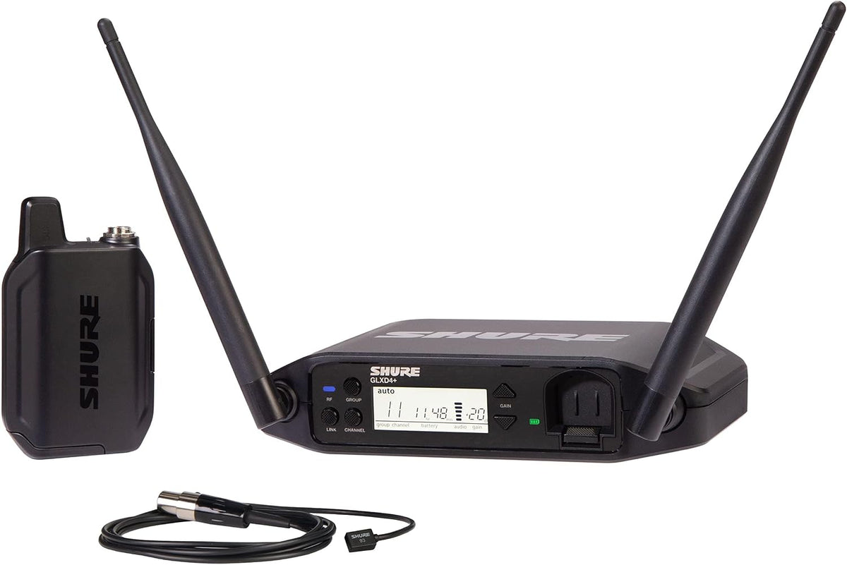 Shure GLXD14+/93 Dual Band Pro Digital Wireless Microphone System for Interviews, Presenting, Theater - 12-Hour Battery Life, 100 ft Range | WL93 Lavalier Mic, Single Channel Receiver (GLXD14+/93-Z3)