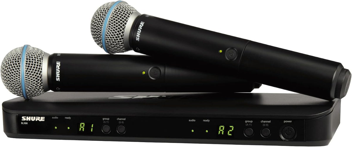 Shure BLX288/B58 Dual-Channel Wireless Audio System J11 Band (596–620 MHz) – BLX88 Receiver, (2) BLX2 Transmitters with Beta 58A Mic, Up to 14 Hr Battery, 300 ft Range